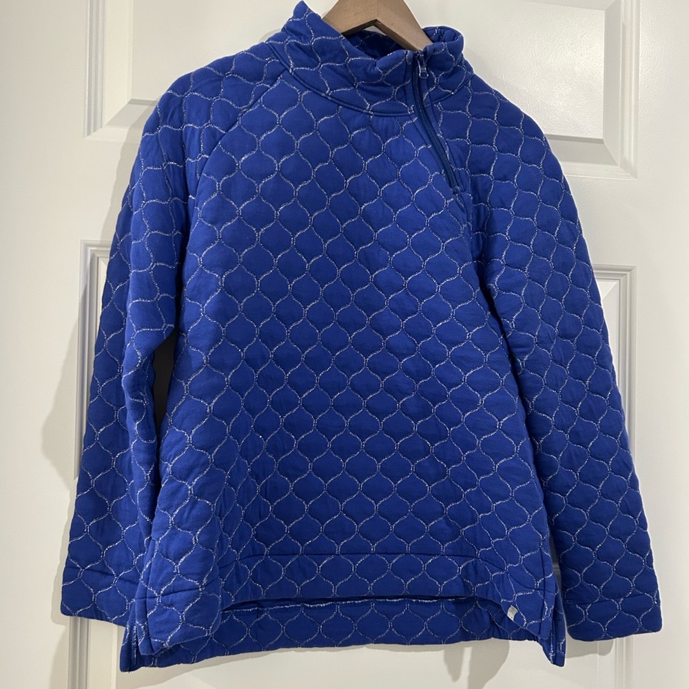 Talbots Metallic Asymmetrical Zip Quilted Pullover Blue Silver Size MP Petite - Picture 2 of 16